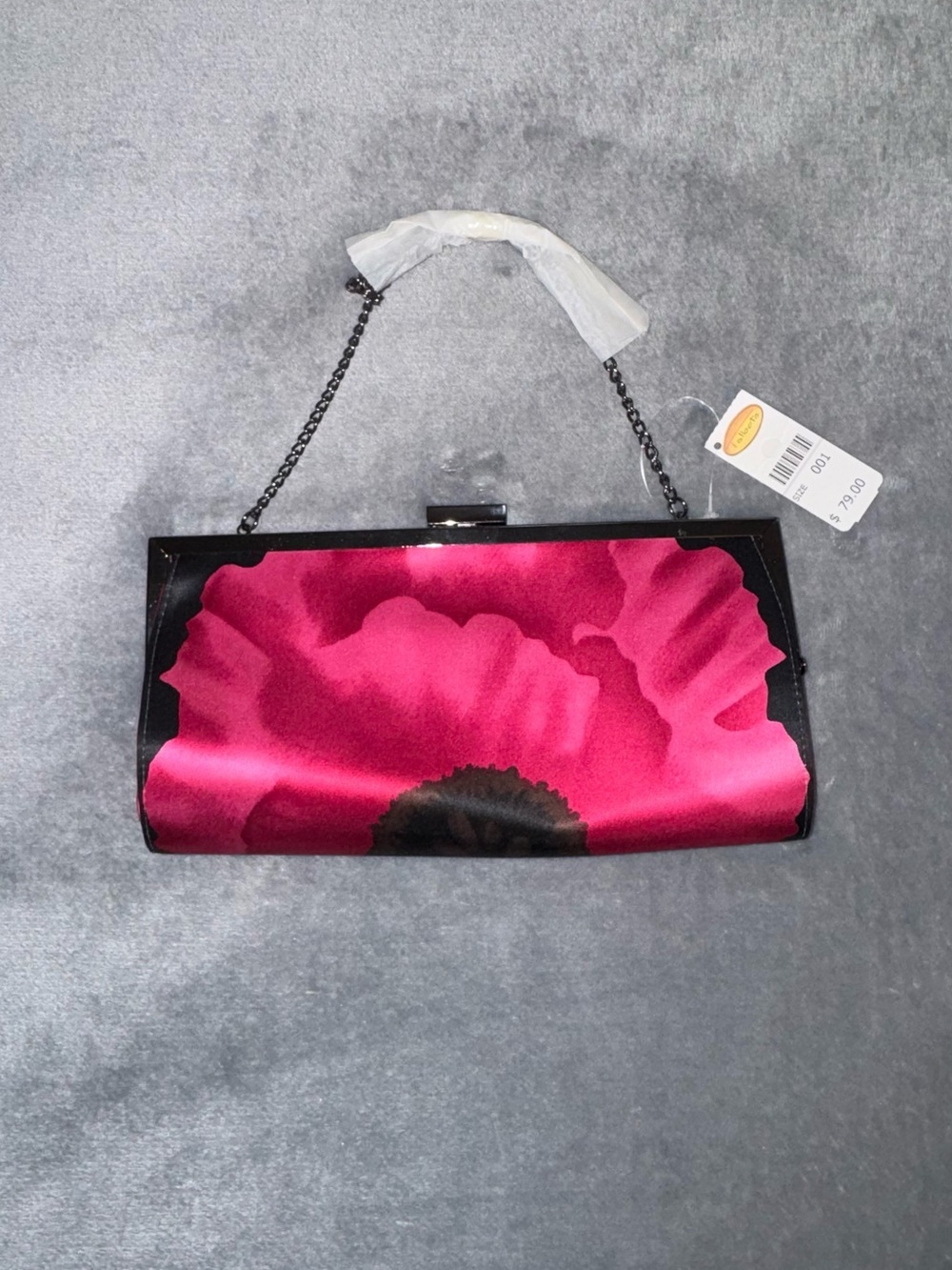 New with Tag Talbots poppy print satin minaudière clutch with black chain strap